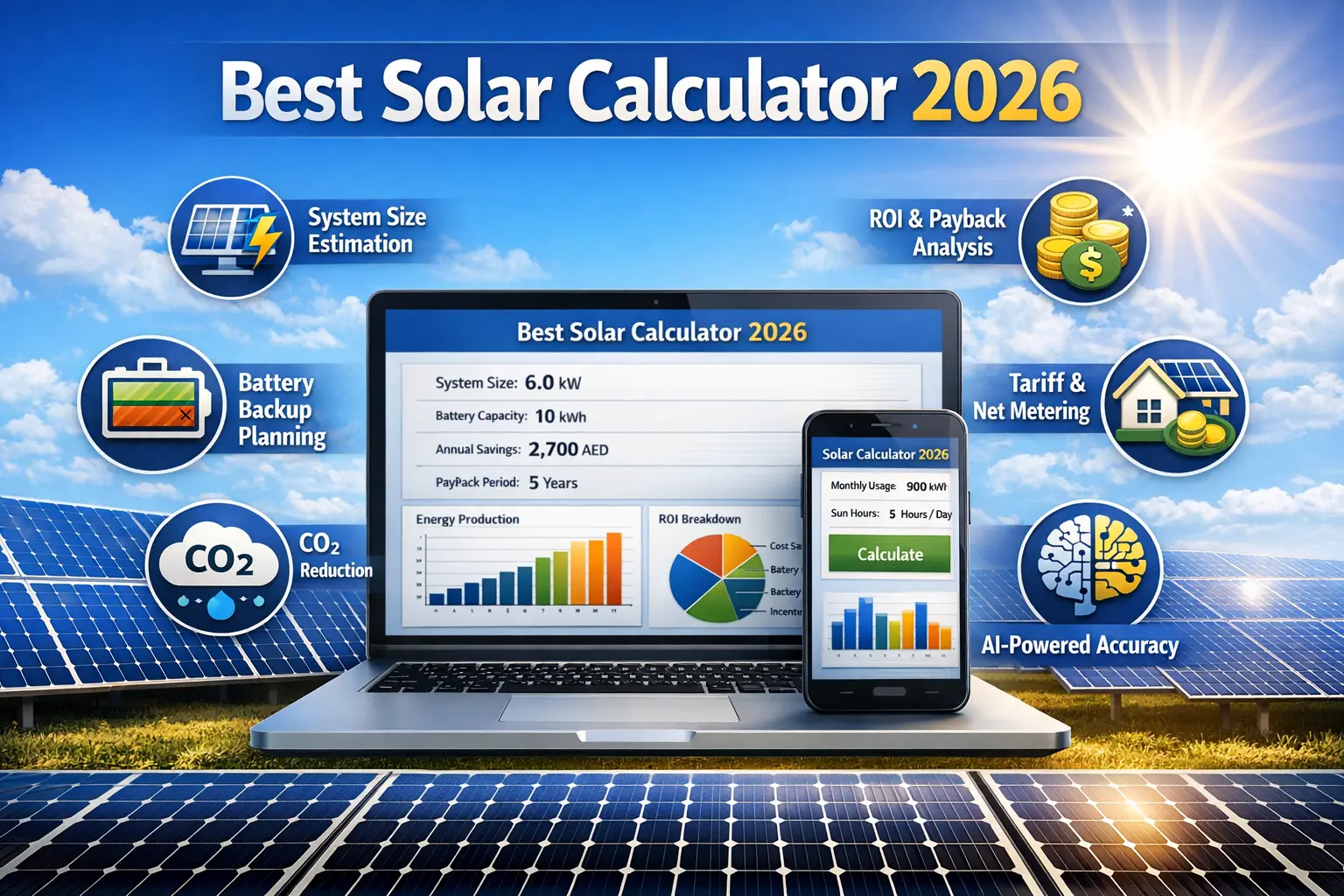 Best Solar Calculator 2026 system size and ROI calculation dashboard